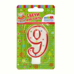 Воздушный свеча цифра 9 красное ассорти, 7,5 см, 1 шт