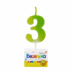 Воздушный свеча для торта цифра 3 разноцвет с глиттером, 4,5 см, 1 шт