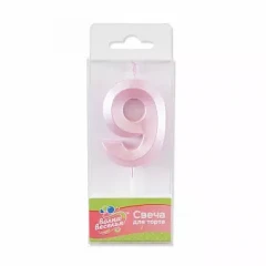 Воздушный свеча цифра 9 грани, розовый, перламутр, с держат, 6 см, 1 шт