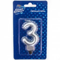 Воздушный свеча цифра 3 воздушный шарик, серебро, металлик, 8 см, 1 шт