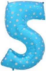 Воздушный шар (40/102 см) цифра, 5, синий со звёздами, 1 шт